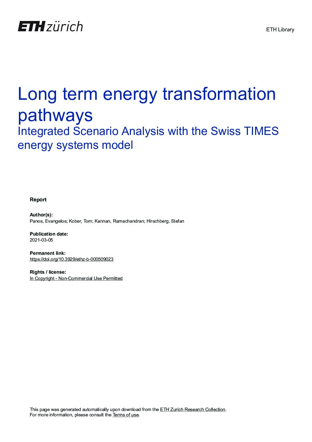 Long term energy transformation pathways – ETHZürich