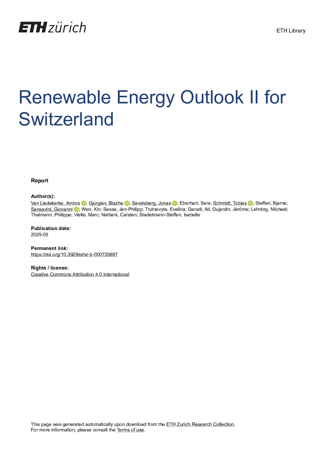 Renewable Energy Outlook II for Switzerland
